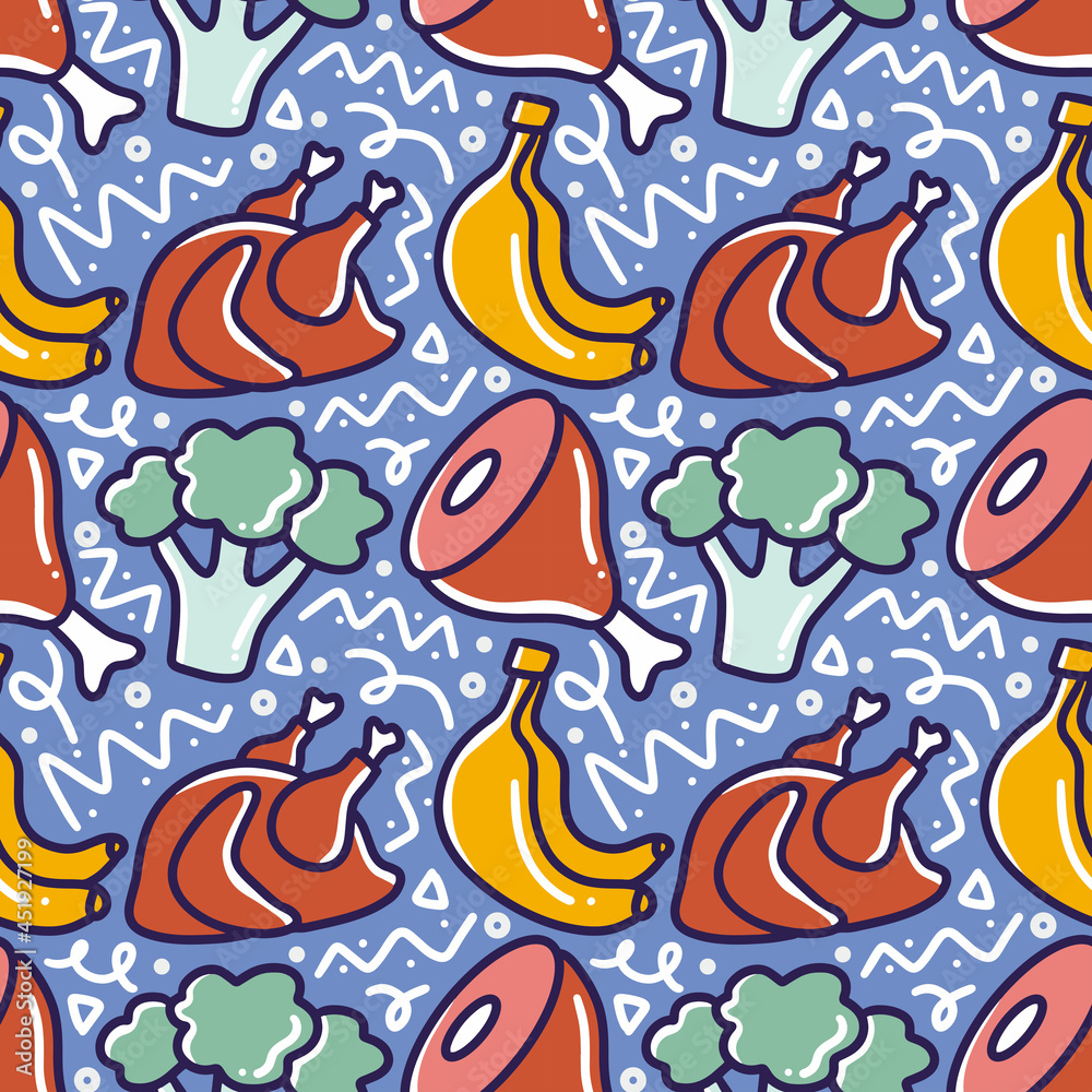 Obraz premium colorful seamless pattern doodles of some food