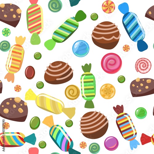 Sweets with hazelnuts. Nuts. Assorted chocolate dessert. Candy caramel wrapped. Seamless pattern. Flat background illustration. Isolated Vector