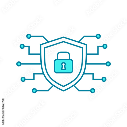 Cyber security line icon. Shield with electronic components and padlock. Antivirus, anti spyware symbol. Data protection sign. Online safety and internet privacy. Vector illustration, flat, clip art