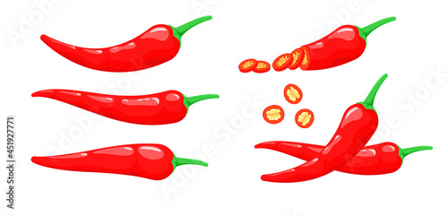 A set of red chili peppers on a white background. Whole and sliced vegetable.