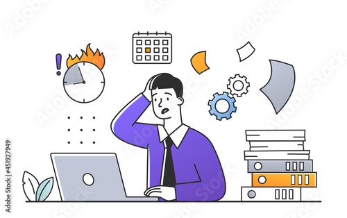 Stress in office concept. Tired secretary sitting at his desk and working with documents on laptop. Man does not have time to complete task by deadline. Cartoon doodle flat vector illustration