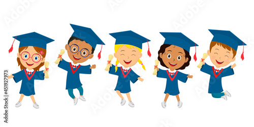 cute cartoon graduation kids jump with diploma