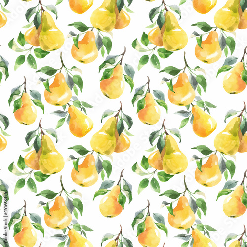 Beautiful vector seamless pattern with hand drawn watercolor tasty summer pear fruits. Stock illustration.