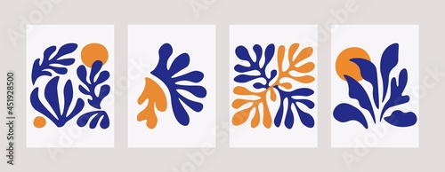 Matisse inspired floral art print set. Mid century contemporary posters organic shapes and leaves. Abstract vector backgrounds