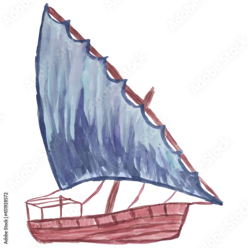 Vector drawing of a wooden boat with a blue sail, stylized as a watercolor. Fishing ship isolated on white background