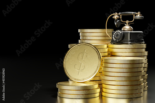 Vintage telephone set on top of stacked gold coins in a dark black background. The concept of business communication or the concept of business in telecommunication. 3D illustration rendering.