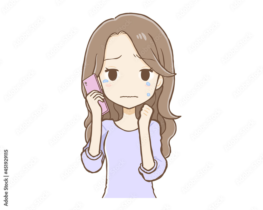 携帯電話で話すロングヘアの女性 涙ぐむ(上半身) 携帯電話で話すロングヘアの女性 涙ぐむ(上半身)
