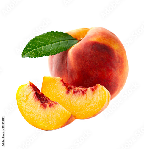 Sweet peaches with leaves on white backgrounds photo