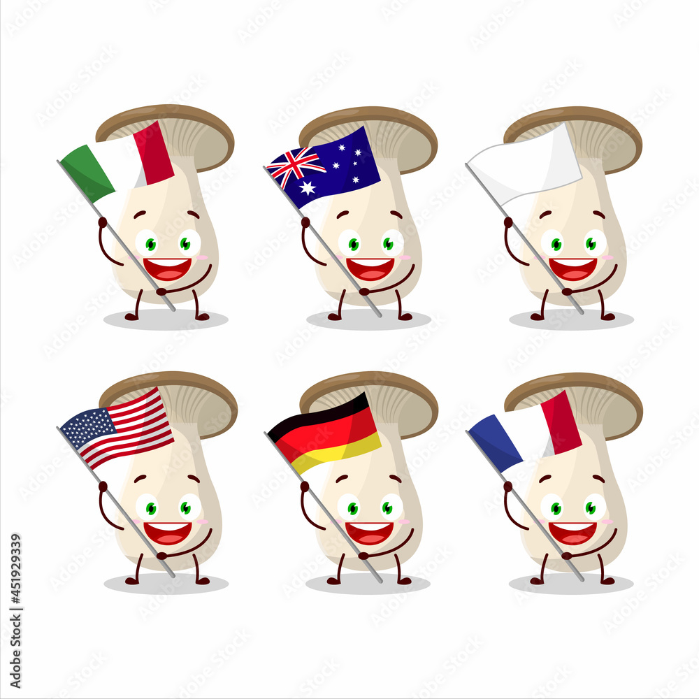 King trumpet cartoon character bring the flags of various countries