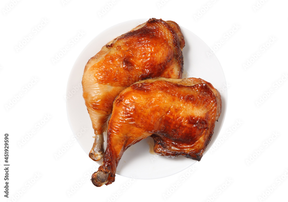 Thai style grilled chicken in ceramic dish on white background Thai style grilled chicken in ceramic dish on white background