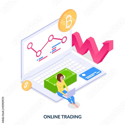 Online trading concept. The girl analyzes the market and trades on the stock exchange. Isometric vector illustration on white background.