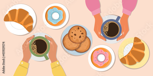 People drinking coffee in coffee shop. Human hands holding ceramic mugs, table, bakery. Vector illustration for refreshment, break, morning concept