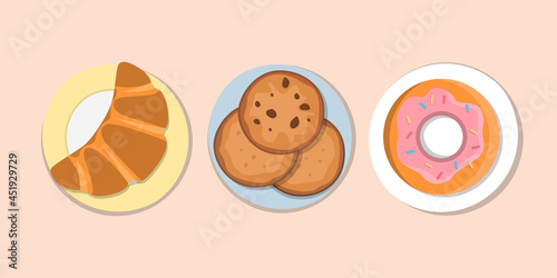 Cookies, croissant and donut on plates. Vector illustration
