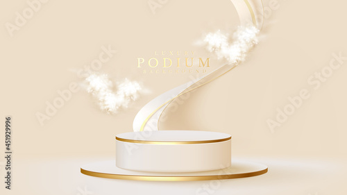 White podium display product and heart shape cloud with sparkle gold lines element, Realistic 3d luxury style background, vector illustration for promoting sales and marketing.