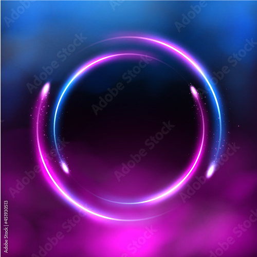 Glowing circle trail neon lighting frame, Futuristic background with blue and pink smoke. Vector Illustration