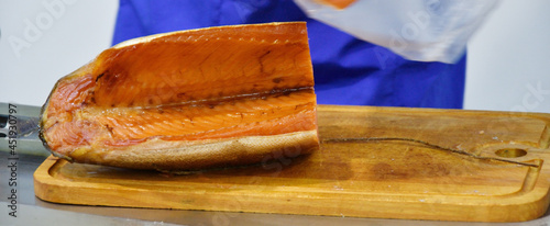 Cold smoked wild Pacific coho salmon (Latin. Oncorhynchus kisutch), an anadromous species of fish in the salmon family Salmoidae  photo