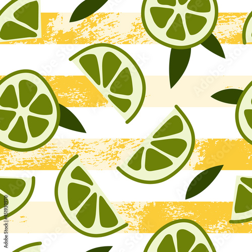 Fresh mojito, cocktail, lemonade, soda, juice. Lime, mint. Summer fruit, tropical citrus background, cold drink. Vector flat cartoon illustration, seamless pattern
