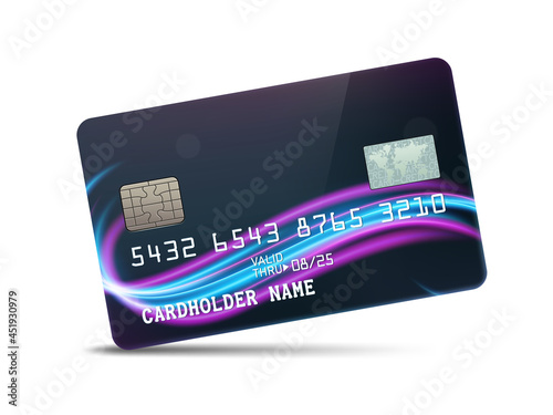 Detailed glossy platinum credit card with wavy neon light decoration, isolated on white background. Vector Illustration