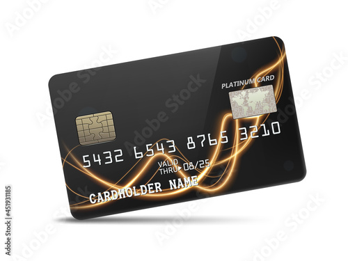 Detailed glossy platinum credit card with wavy neon light decoration, isolated on white background. Vector Illustration