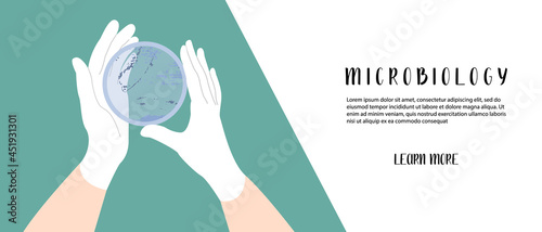 Scientist's hand in glove holding Petri dish, plate with agar, bacterial colony. Bacteriology. Microbiology. Laboratory test, bacteriological swab, chemical analysis. Vector flat cartoon illustration
