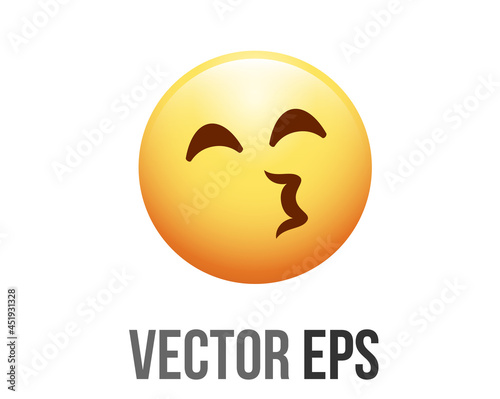 Vector gradient yellow face icon with simple, close eyes, puckered lips giving kiss