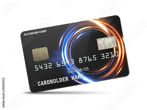 Detailed glossy platinum credit card with wavy neon light decoration, isolated on white background. Vector Illustration