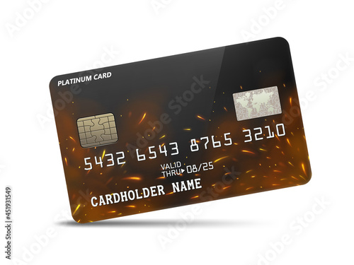 Detailed glossy platinum credit card with fire flying sparks, isolated on white background. Vector Illustration