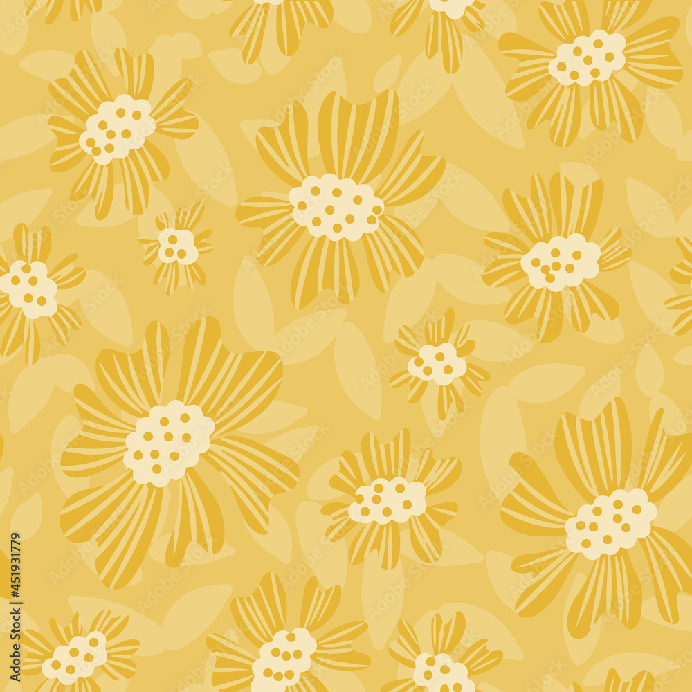 mustard yellow floral seamless pattern in hand drawn naive style, background with flowers and leaves