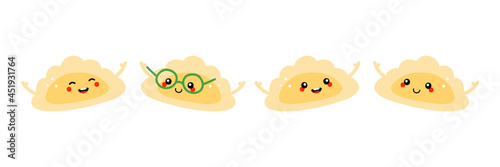 Cute and smiling cartoon style pierogi, filled dumplings characters vector icons, illustration.
