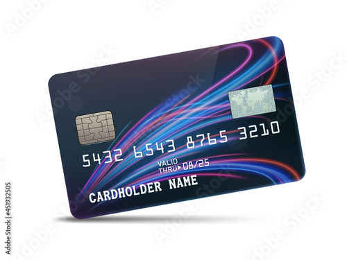Detailed glossy platinum credit card with wavy neon light decoration, isolated on white background. Vector Illustration