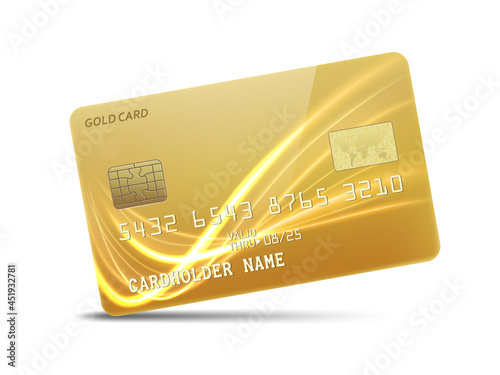 Detailed glossy gold credit card with wavy neon light decoration, isolated on white background. Vector Illustration