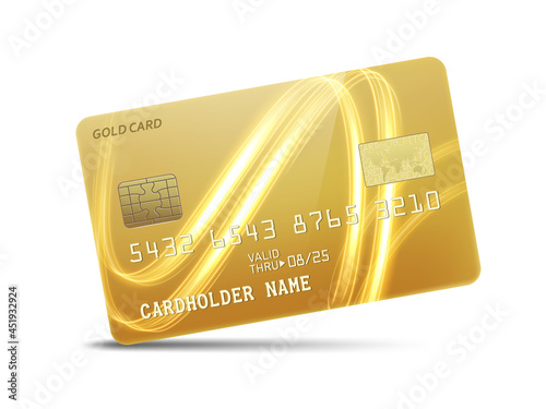 Detailed glossy gold credit card with wavy neon light decoration, isolated on white background. Vector Illustration