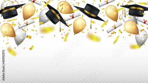 Falling graduation cap, diploma paper and gold confetti. Vector illustration