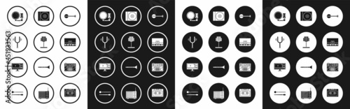 Set Banjo, Music stand, Musical tuning fork, Microphone, Piano, CD DVD disk, DJ remote playing mixing music and Video recorder editor software monitor icon. Vector