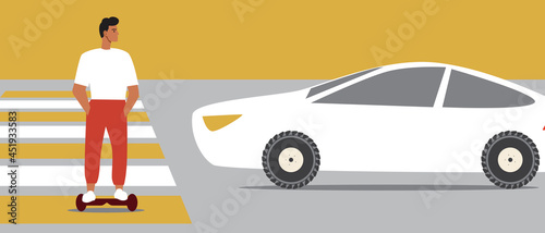 Gyroboard on a pedestrian crossing, flat vector stock illustration with a young man on a gyroboard as an eco-friendly transport
