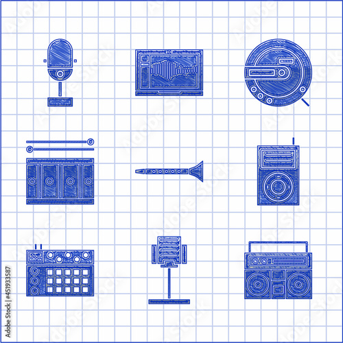 Set Clarinet, Music stand, Home stereo with two speakers, MP3 player, Drum machine, drum sticks, CD and Microphone icon. Vector