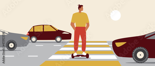 Gyroboard on a pedestrian crossing, stopping cars, flat vector stock illustration with a young man on a giroboard