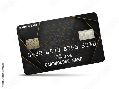 Detailed glossy platinum credit card with pattern decoration, isolated on white background. Vector Illustration