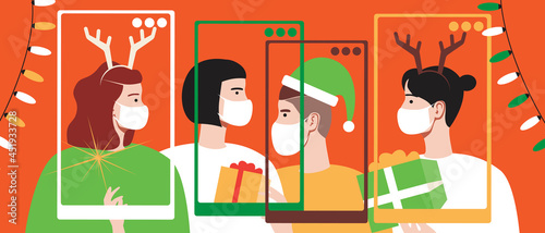 Christmas party online at lockdown, Flat vector stock illustration, Virus protection face mask and Christmas video call friends