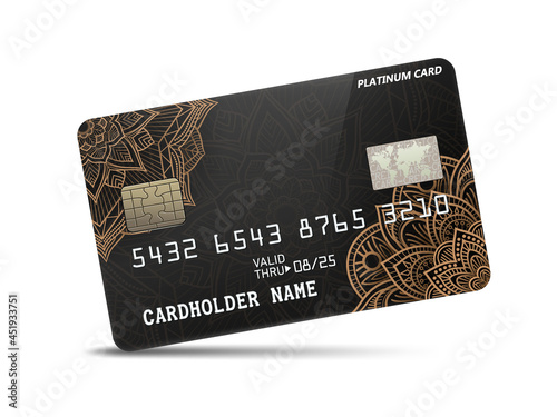 Detailed glossy platinum credit card with pattern decoration, isolated on white background. Vector Illustration