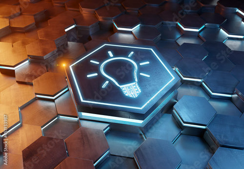 Lightbulb icon creativity concept engraved on metal hexagonal pedestral background. Innovation symbol glowing on abstract digital surface. 3d rendering