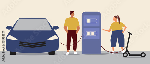 Charging station with electric car and electric scooter, flat vector stock illustration with people as eco-friendly transport concept