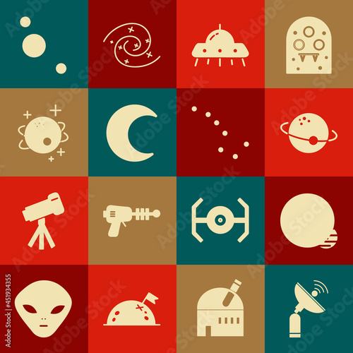 Set Radar, Planet, UFO flying spaceship, Moon and stars, Solar system and Great Bear constellation icon. Vector