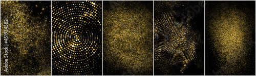 Set of Gold Glitter Halftone Dotted Backdrop. Abstract Circular Retro Pattern. Pop Art Style Background. Golden Explosion of Confetti. Digitally Generated Image. Vector Illustration, EPS 10.  