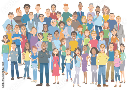 Crowd of diverse people standing together on white background.  Vector illustration in flat cartoon style.