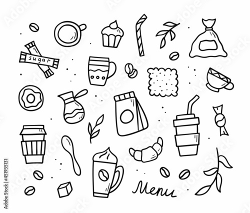 Set of hand drawn coffee doodles. Vector symbols and objects. Sketch style illustration.