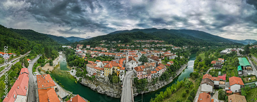 Aerial Panorama of Kanal ob Soci, Picturesque Town in Soca Valley Slovenia