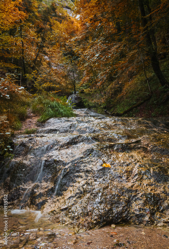 Small waterfall on large stone in Austrian Alps, klausbach river, valley near attersee. Long exposure, autumn colored