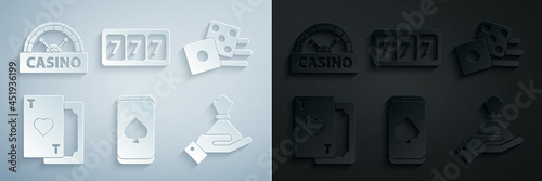 Set Online poker table game, Game dice, Playing card with heart, Hand holding money bag, Slot machine lucky sevens jackpot and Casino signboard icon. Vector