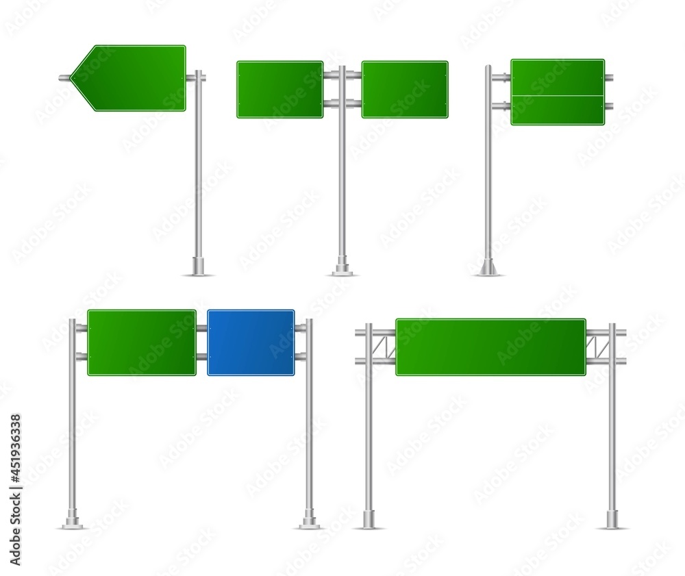 Fototapeta premium Realistic green street and road signs. City illustration vector. Street traffic sign mockup isolated, signboard or signpost direction mock up image